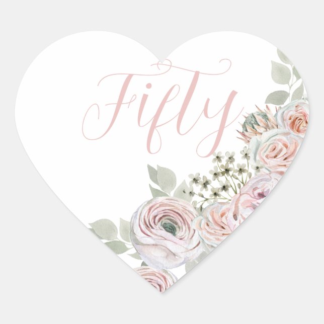 Sticker Cœur Fleurs d'aquarelle rose délicates "Cinquante" anni (Devant)