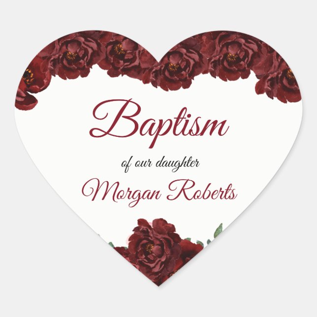 Sticker Cœur Fleurs de rose rouge Bourgogne Baby Girl Baptism (Devant)