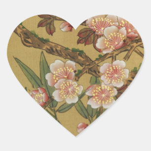Sticker Cœur Fleurs Japonaises Asiatiques Fleur de Cerisier Vin
