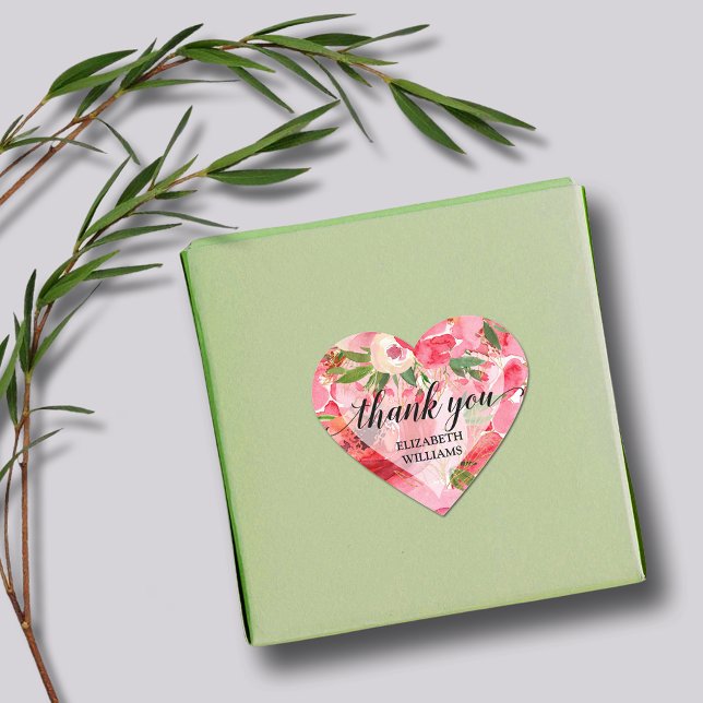 Sticker Cœur Fleurs Merci Peony (1-1/2" heart stickers with your name and Thank You on pink and cream peony flowers)