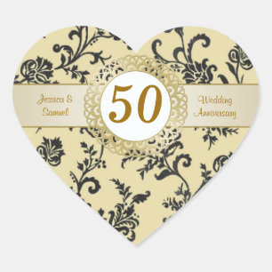 Sticker Cœur Fleurs noires Damas sur l'or Anniversaire Mariage