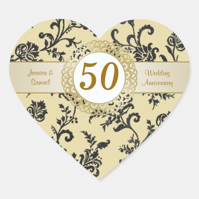 Sticker Cœur Fleurs noires Damas sur l'or Anniversaire Mariage (Devant)