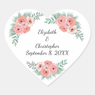 Sticker Cœur Fleurs roses et vertes élégantes personnalisées 