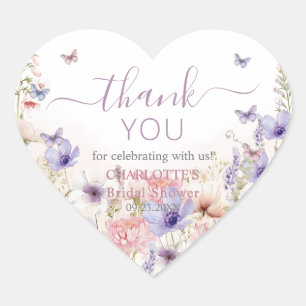 Sticker Cœur Fleurs sauvages roses violettes Papillons Amour en