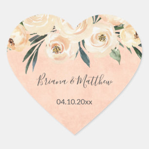 Sticker Cœur Floral Beige Blush sur mariage rose Faveurs