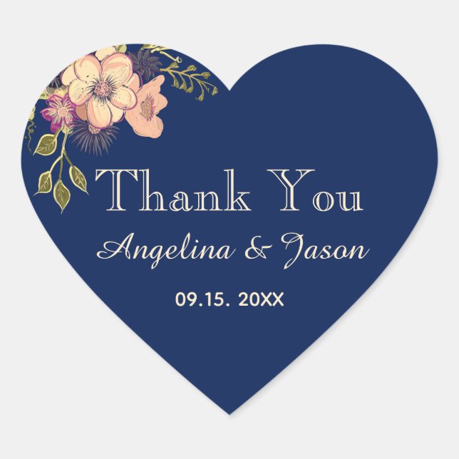 Sticker Cœur Floral Navy Mariage bleu Merci Favoriser (Devant)
