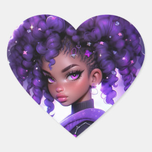 Sticker Cœur Galaxie violette fille avec cheveux bouclés