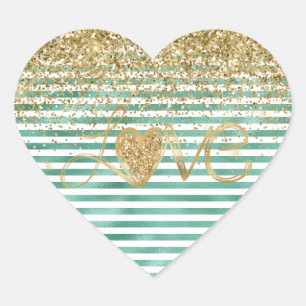 Sticker Cœur Glam Green White Stripes Gold Parties scintillant 