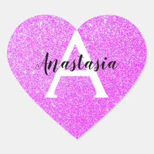 Sticker Cœur Glamour Féminin Violet Paillettes Monogramme Nom