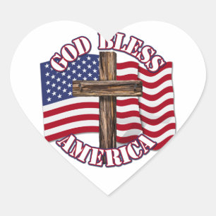 Sticker Cœur God Bless American with Usa Flag & Cross