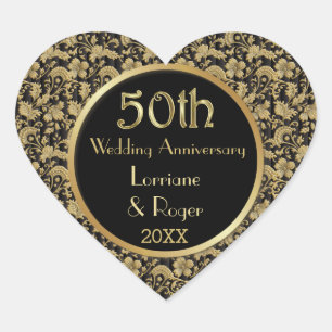 Sticker Cœur Gold Floral Elegance 50e anniversaire Mariage