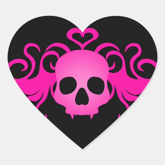 Sticker Cœur Goth rose fangé crâne vampire sur noir (Devant)