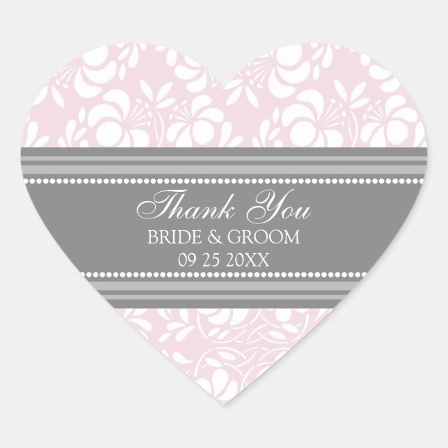 Sticker Cœur Gray rose Damask Merci Wedding Favor Tags (Devant)