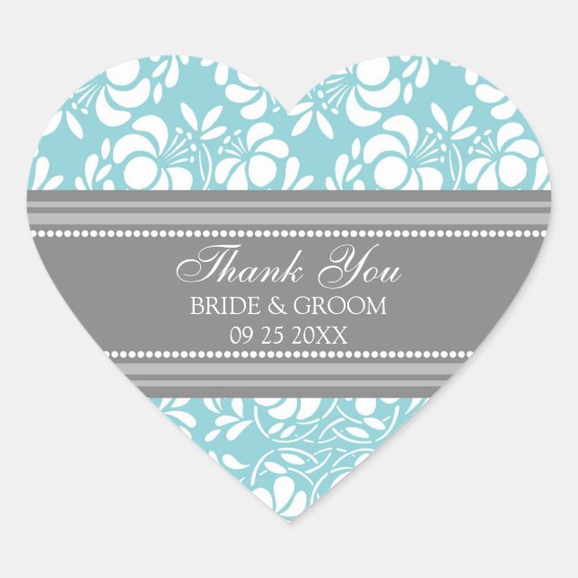 Sticker Cœur Gris Bleu Damas Merci Mariage Faveur Tags (Devant)