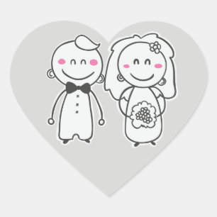 Sticker Cœur Gris et rose Mariage Cartoon Bride et Groom
