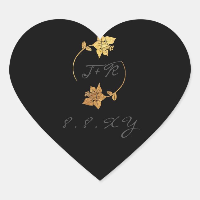 Sticker Cœur Gris Noir Monogramme Gold Wreath Enregistrer La Da (Devant)