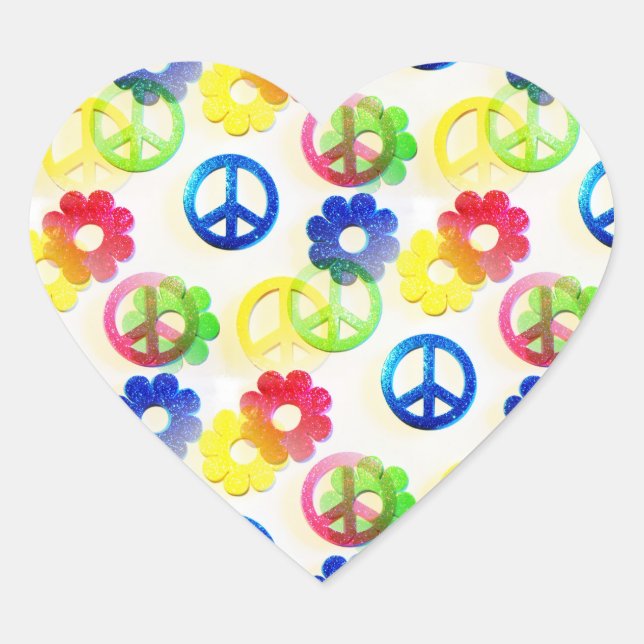 Sticker Cœur Groovy hippie Peace Signs Flower Power Sparkles (Devant)