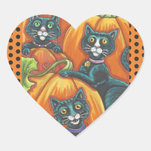 STICKER CŒUR HALLOWEEN CHATS NOIRS & BILLETS DE SOURIS FEUILLE