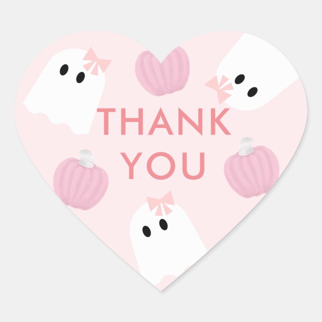 Sticker Cœur Halloween Fille fantôme et Merci Citrouille rose (Devant)