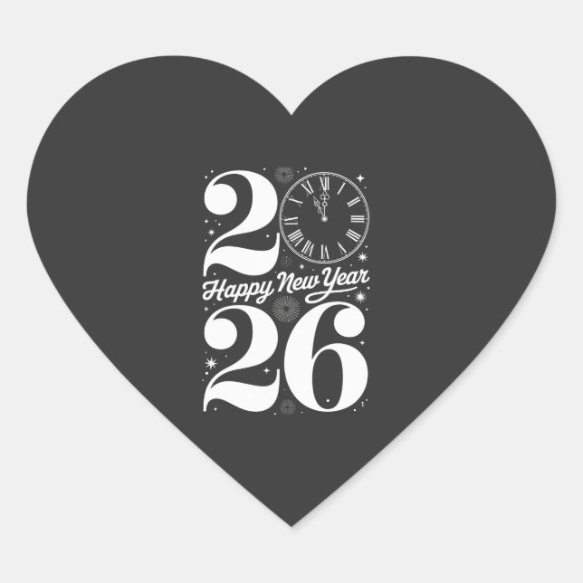Sticker Cœur Happy New Year 2026 Midnight Clock Countdown (Devant)
