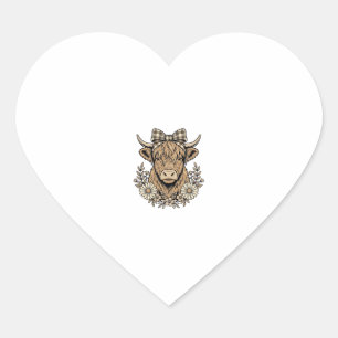 Sticker Cœur Haut Cow Floral Couronne Dessin de Gravure Vintage