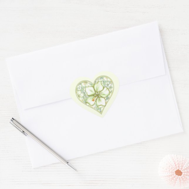 Sticker Cœur Hibiscus & dentelle BLANC (Enveloppe)