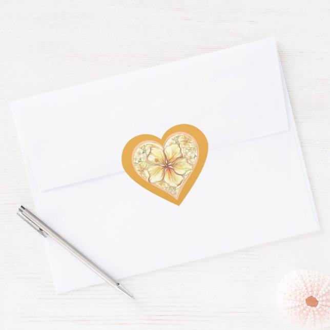 Sticker Cœur Hibiscus & dentelle JAUNE (Enveloppe)