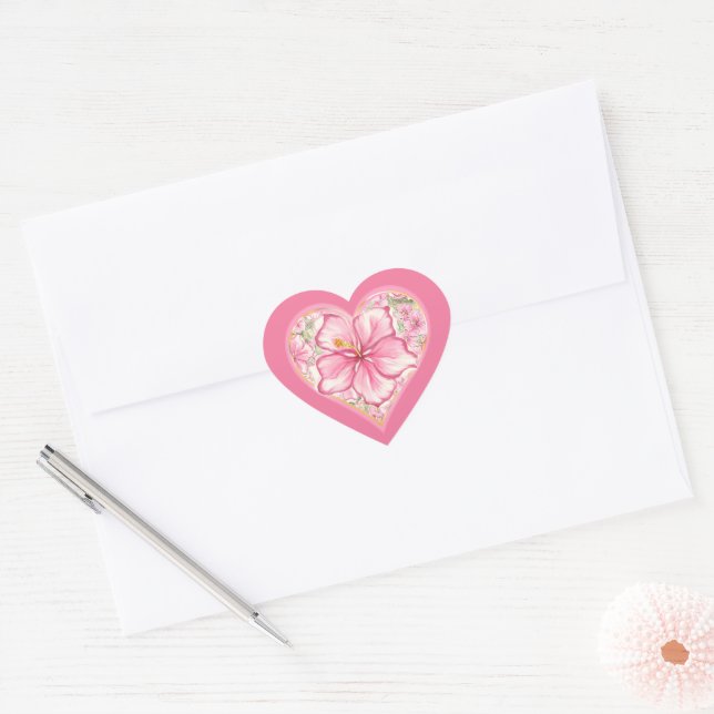Sticker Cœur Hibiscus & dentelle PINK (Enveloppe)