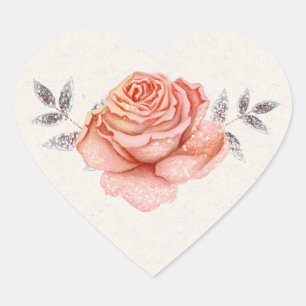 Sticker Cœur Histoire de fée pêche Paillettes Rose Feuilles Mar
