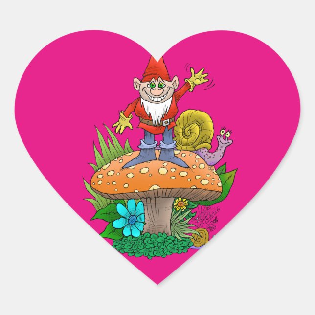 Sticker Cœur Illustration de dessin d'un gnome debout agitant. (Devant)