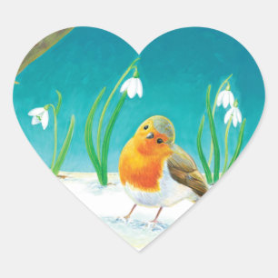 Sticker Cœur Illustration Red Robin Bird and Snowdrops