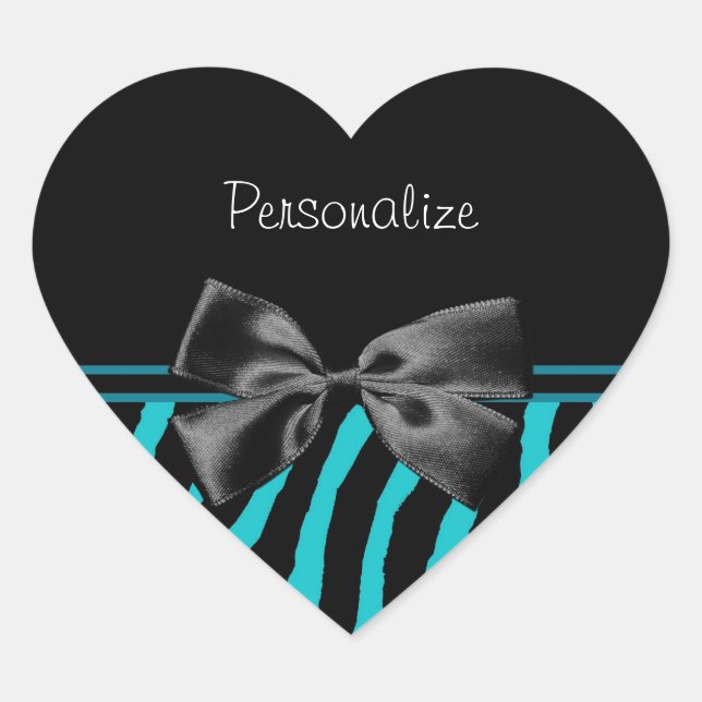 Sticker Cœur Impression Zèbre Noir Et Turquoise Avec Ruban (Devant)