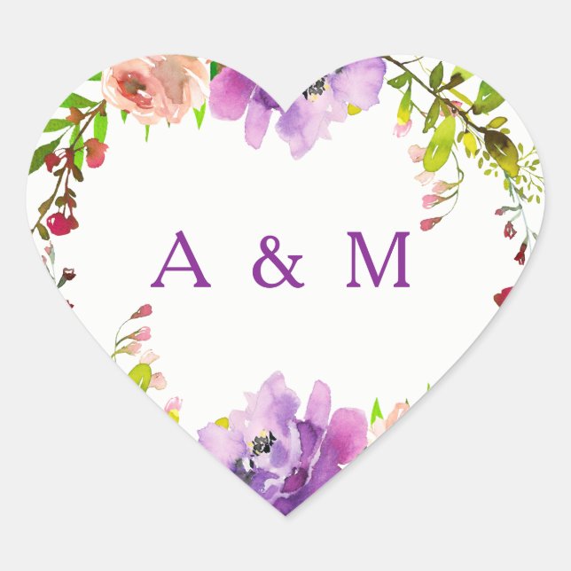 Sticker Cœur Initiales de Mariage romantique violet (Devant)