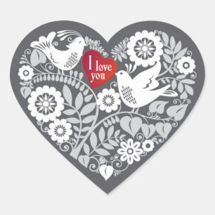Sticker Cœur Inséparables blancs avec fleurs de coeur rouge et 