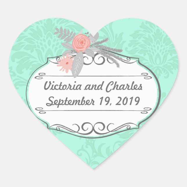 Sticker Cœur Invitation de Mint Mariage damassé moderne (Devant)