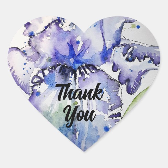 Sticker Cœur Iris Irises Fleur Floral Bleu Aquarelle Merci (Devant)