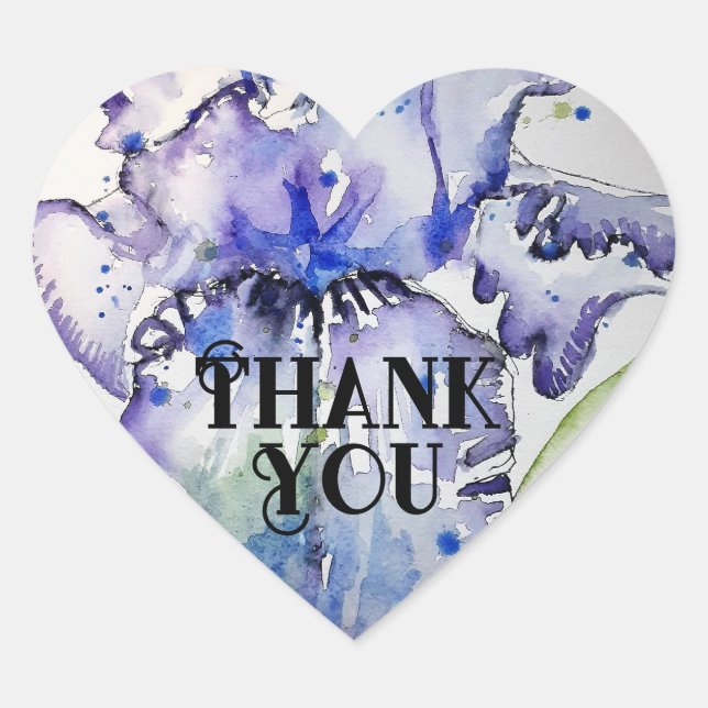 Sticker Cœur Iris Irises Fleur Floral Bleu Aquarelle Merci (Devant)