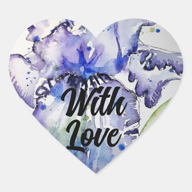 Sticker Cœur Iris Irises Fleurie Bleu Aquarelle Fleurie Avec Am (Devant)