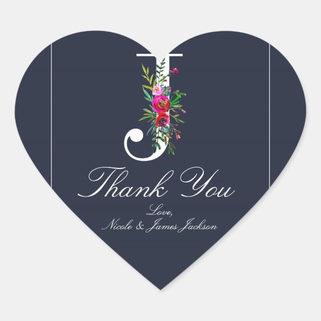 Sticker Cœur J Monogramme Dernier initial bleu Floral Mariage (Devant)