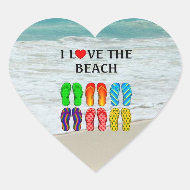 Sticker Cœur J'aime la plage, tongs, (Devant)