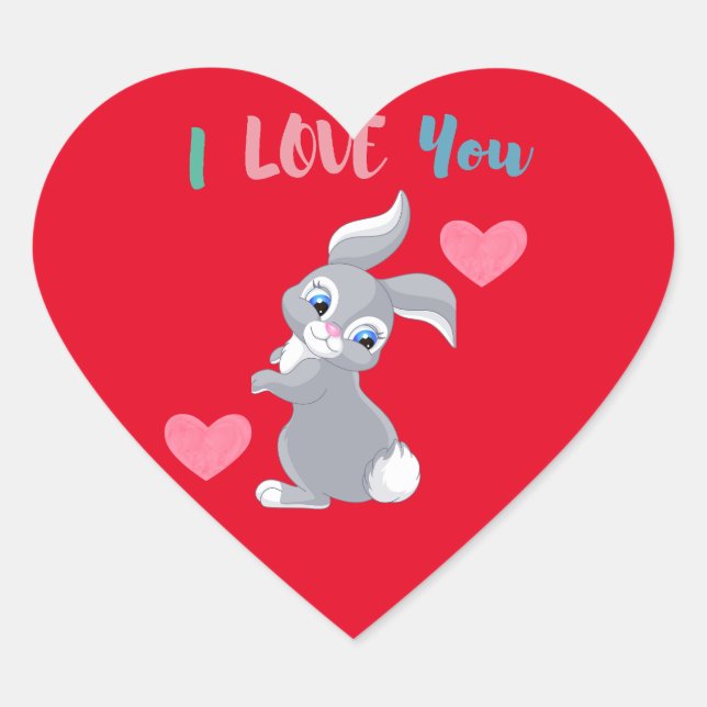Sticker Cœur J'aime Lapin Rouge Rose Coeur Mignon Cool (Devant)