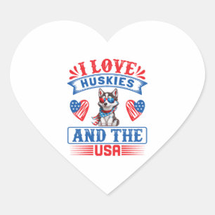 Sticker Cœur J'aime les Huskies sibériens et les USA