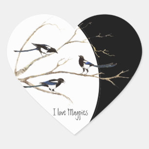 Sticker Cœur J'aime Magpies, Aquarelle Magpie Coeur de famille