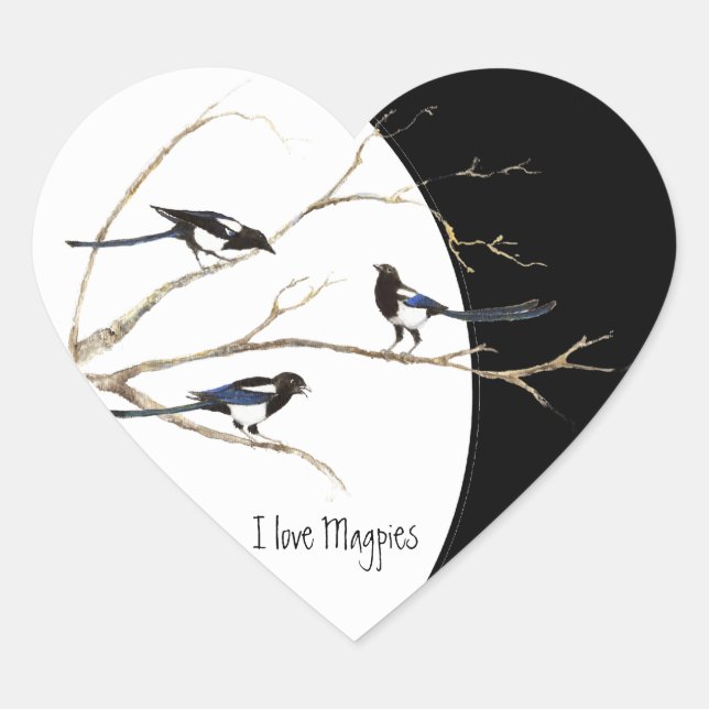 Sticker Cœur J'aime Magpies, Aquarelle Magpie Coeur de famille (Devant)