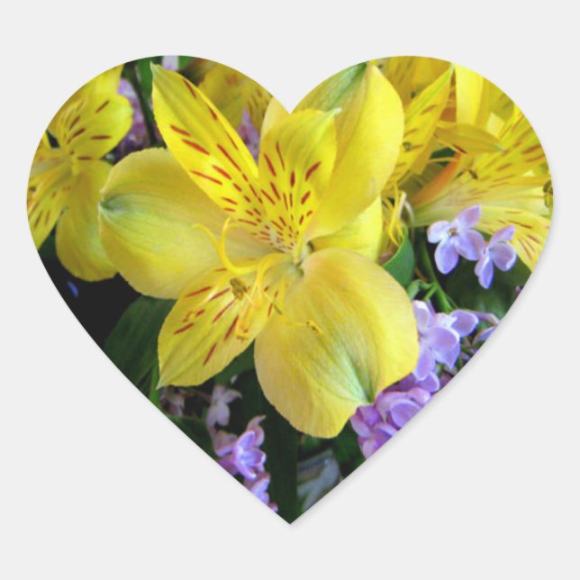 Sticker Cœur Jaune et Fleurs Lilac Violettes (Devant)