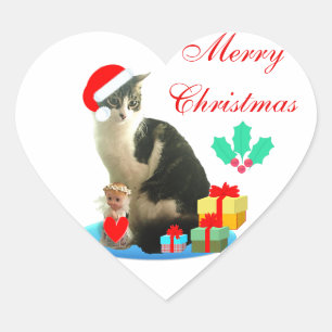 Sticker Cœur Joli chat tabby de Noël