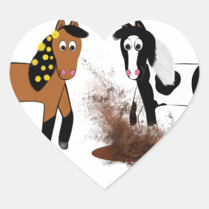Sticker Cœur Joli Chevaux de Cartoon jouant dans Big Bad Scary