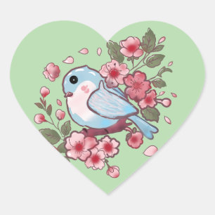 Sticker Cœur Joli Merle Bleu de Printemps & Fleurs de Cerisier 