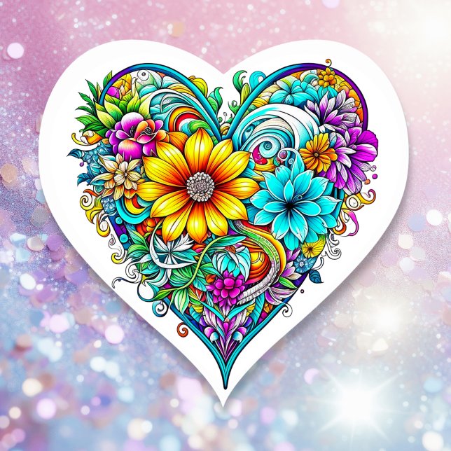 Sticker Cœur Joli Turquoise coeur floral pourpre | Saint-Valent (Créateur téléchargé)