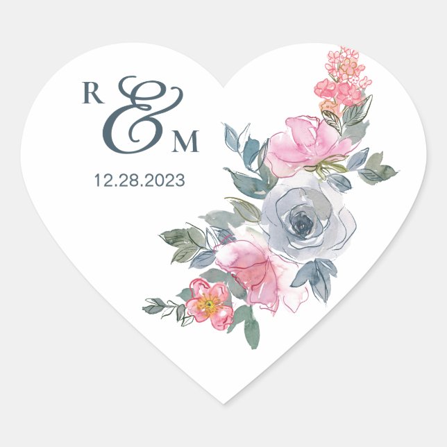 Sticker Cœur Jolie Aquarelle rose Sage Bleu Monogramme Floral (Devant)